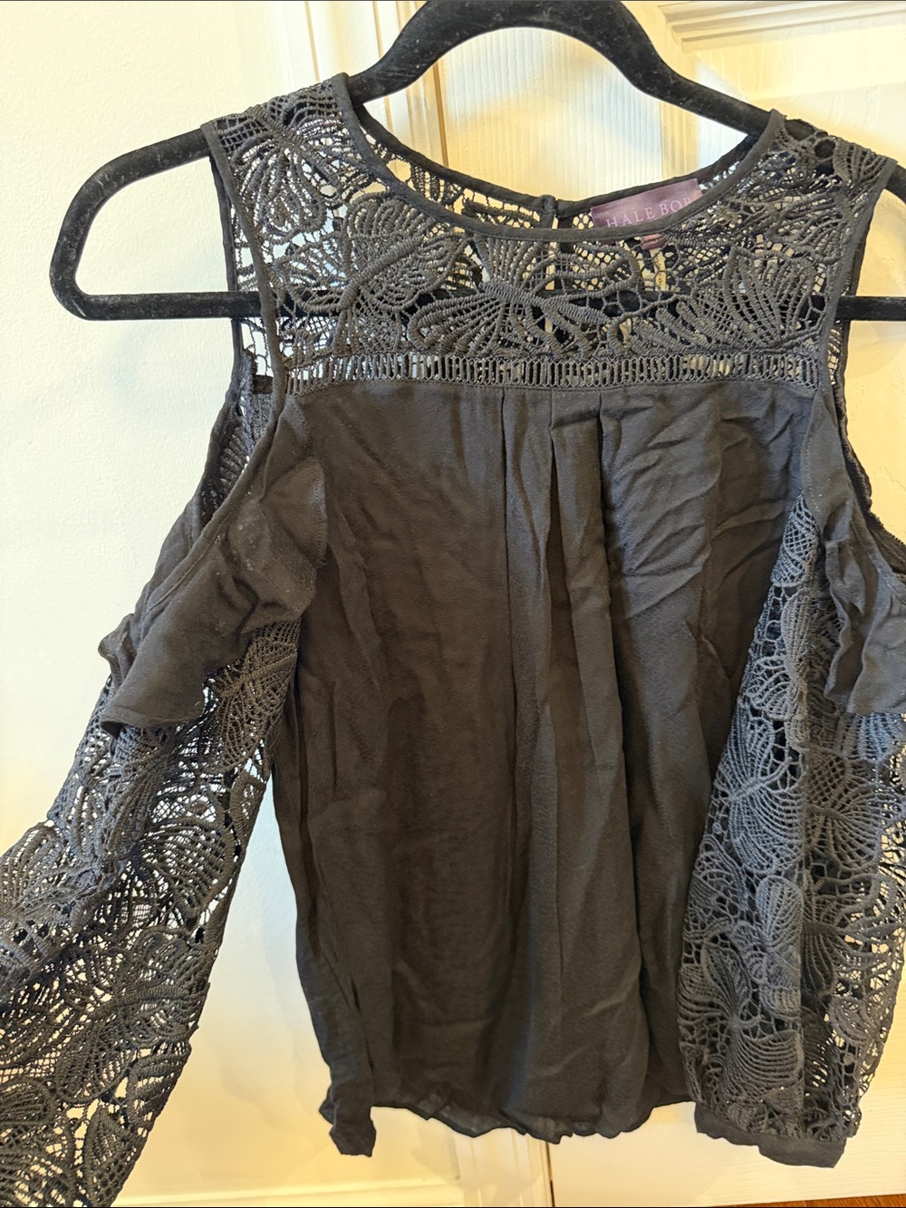 Hale Bob Black Crochet Cold-Shoulder Blouse